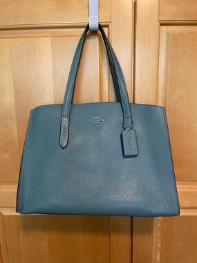 Coach Pebbled Leather Tote Bag in Dusty Blue